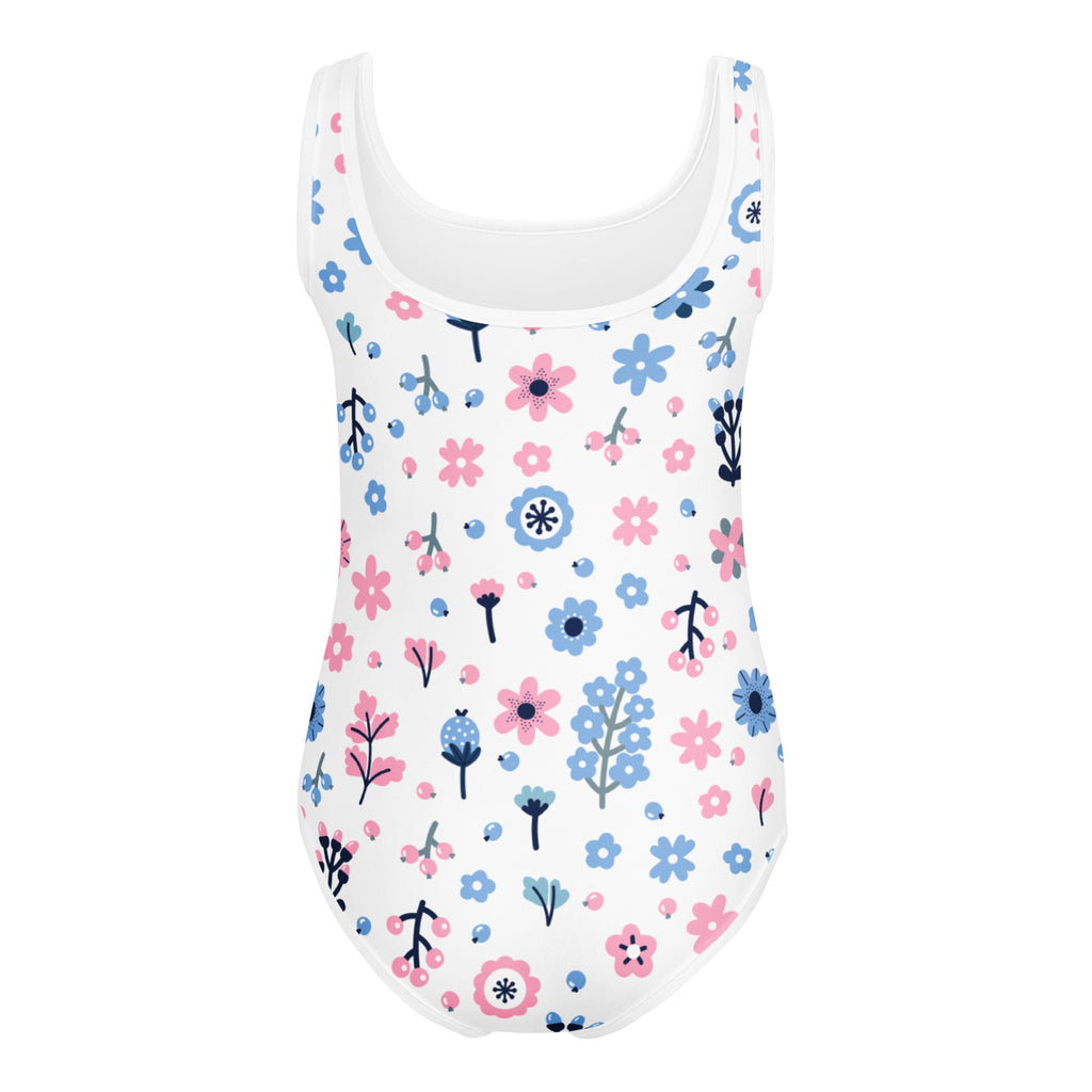 Girls pink and blue flowers buttery soft white one-piece swimsuit with quick drying fabric for dance and gymnastics