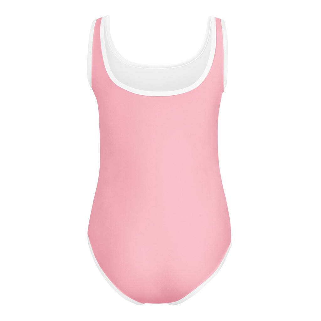 Girls light pink buttery soft leotard with white trim quick drying for dance and gymnastics in one-piece swimsuit style