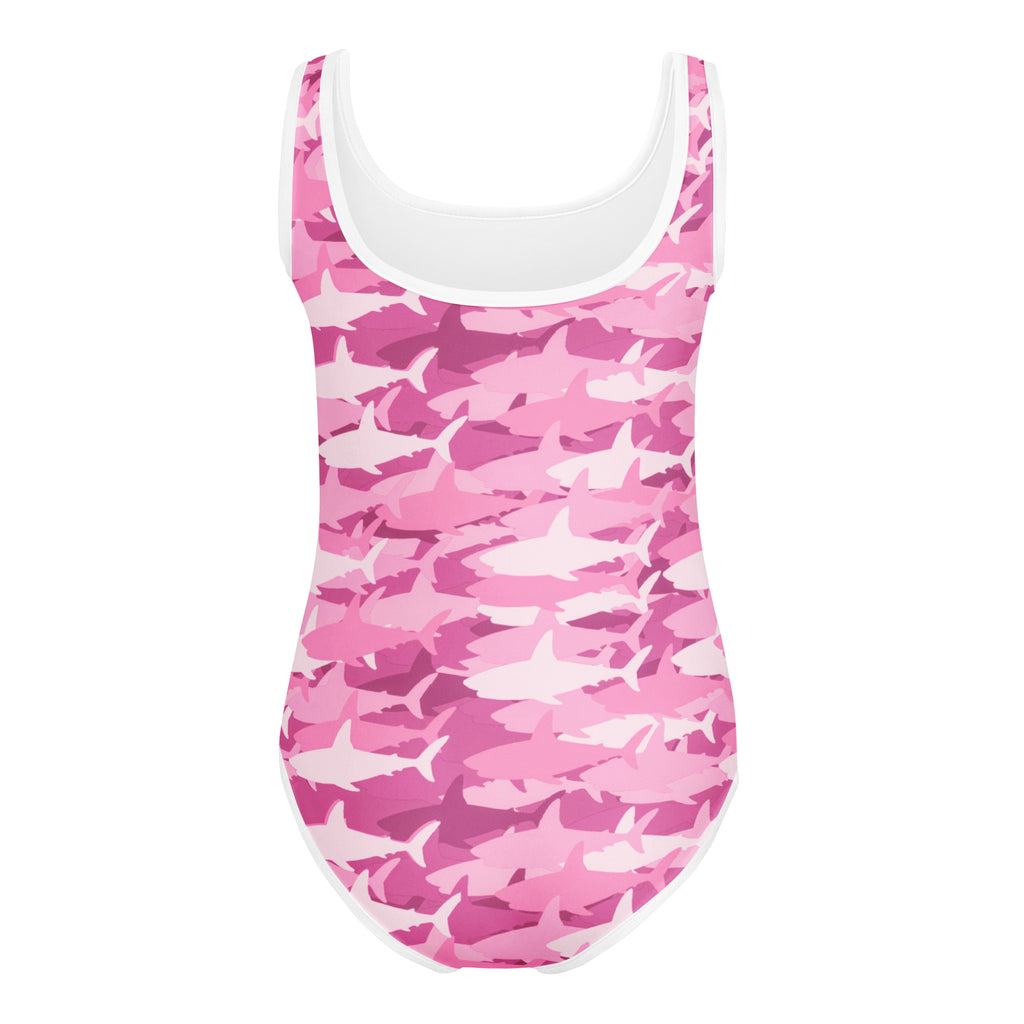Girls pink shark buttery soft leotard with white trim quick drying one-piece swimsuit for dance and gymnastics