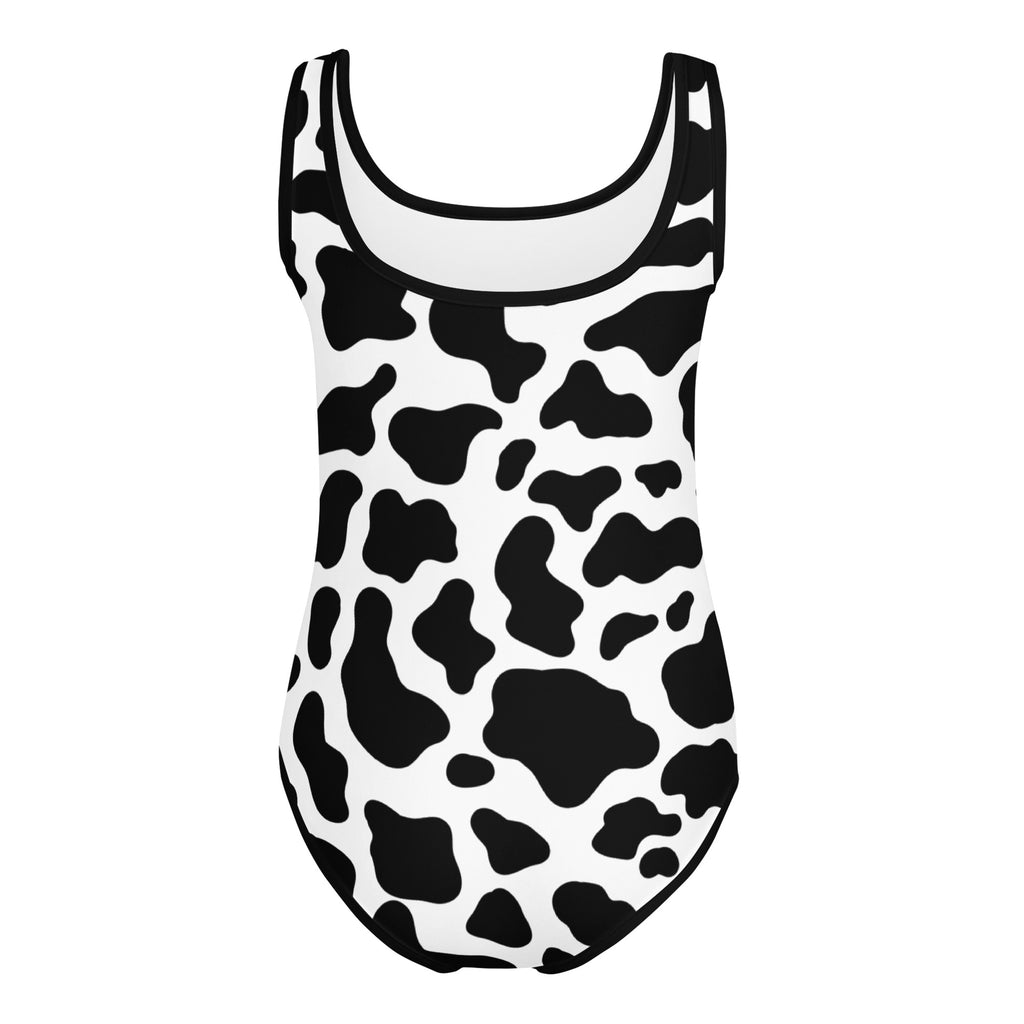 Girls cow print buttery soft leotard in black and white with square neckline quick drying for dance and gymnastics