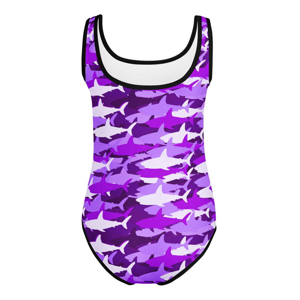 Girls purple and white shark camouflage buttery soft leotard with black trim quick drying for dance and gymnastics