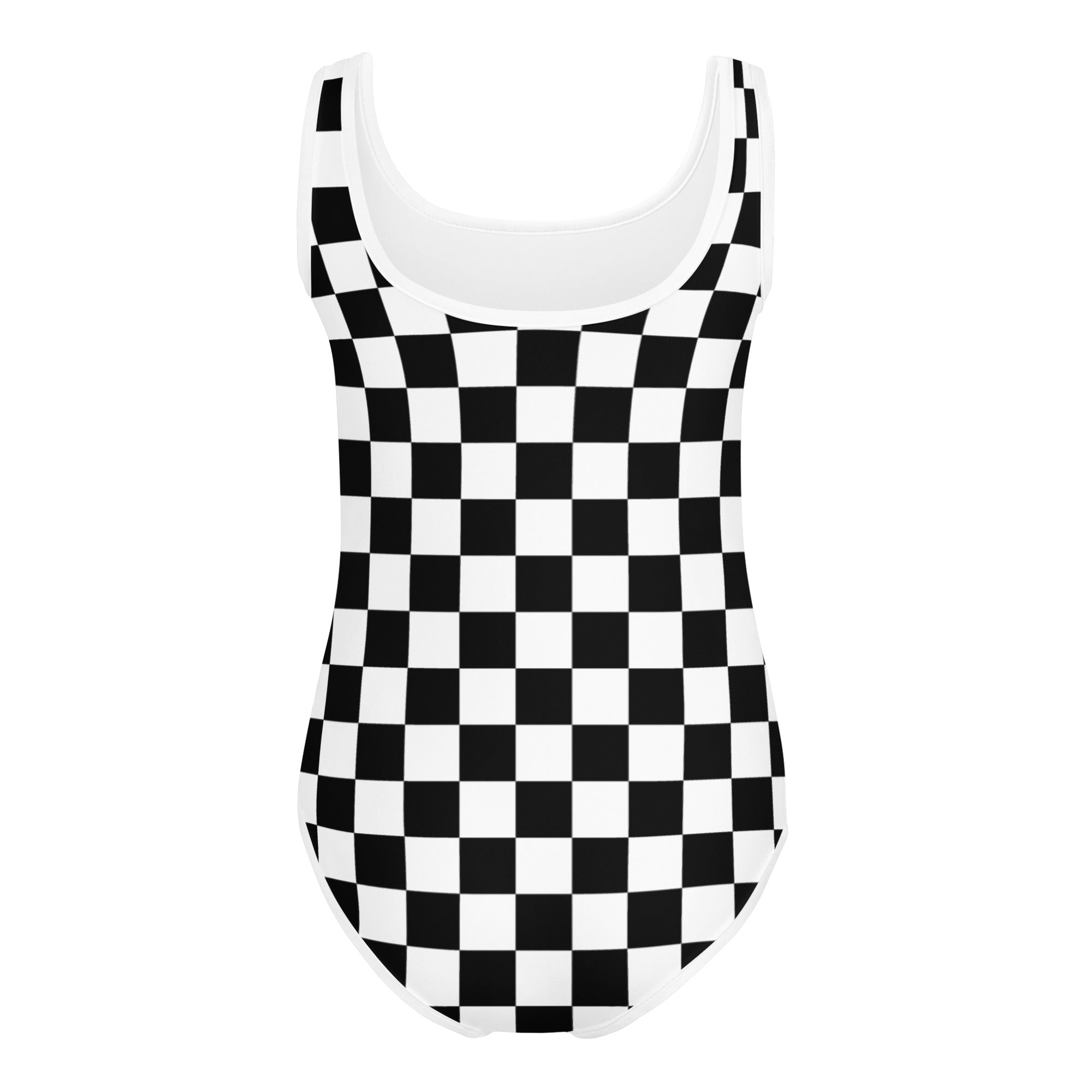 Girls black and white checkered buttery soft one-piece swimsuit with scoop neckline quick drying for dance and gymnastics