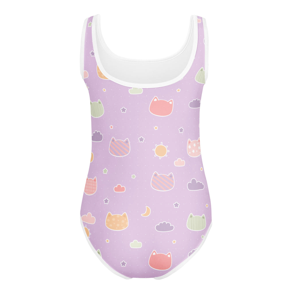 Girls Pastel Purple Kawaii Cats & Clouds Buttery Soft Leotard - Quick Drying For Dance and Gymnastics