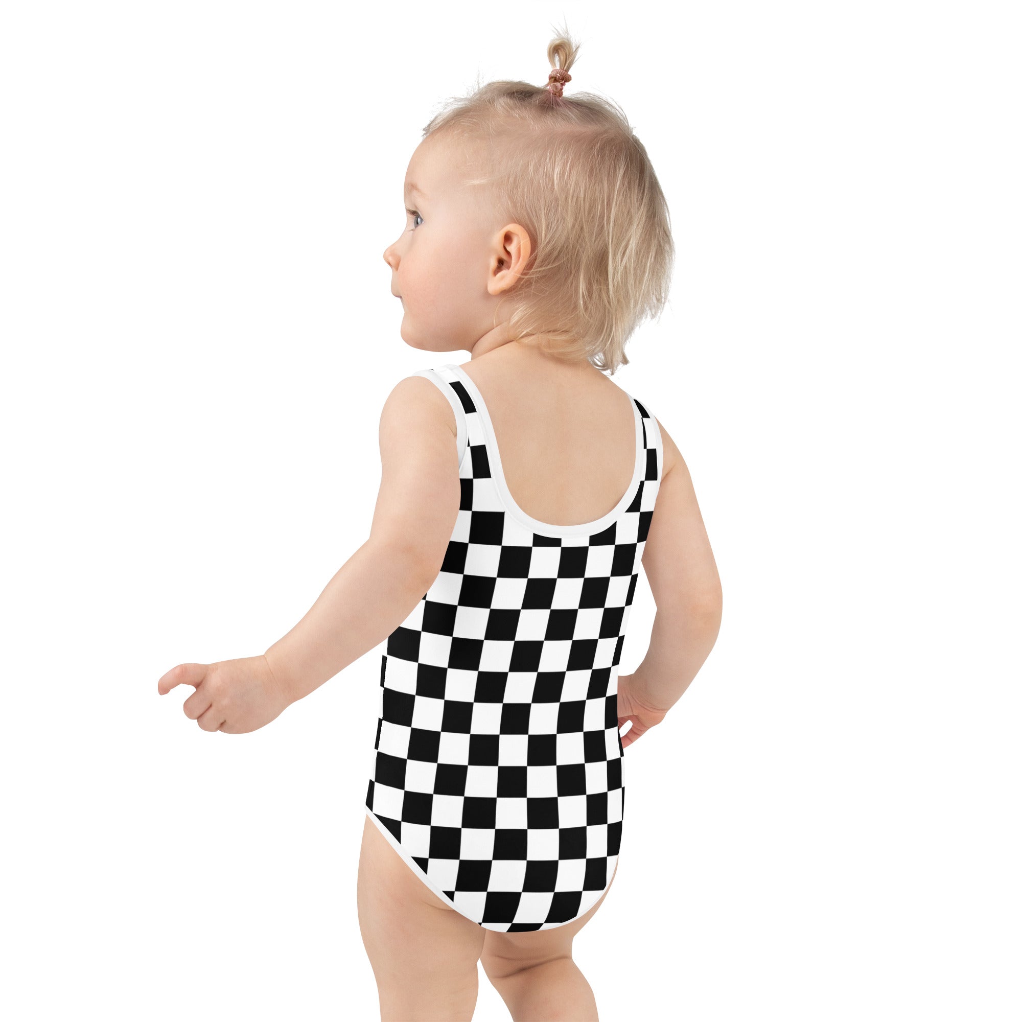 Girls black and white checkerboard buttery soft one-piece swimsuit for toddlers with upf 50 plus