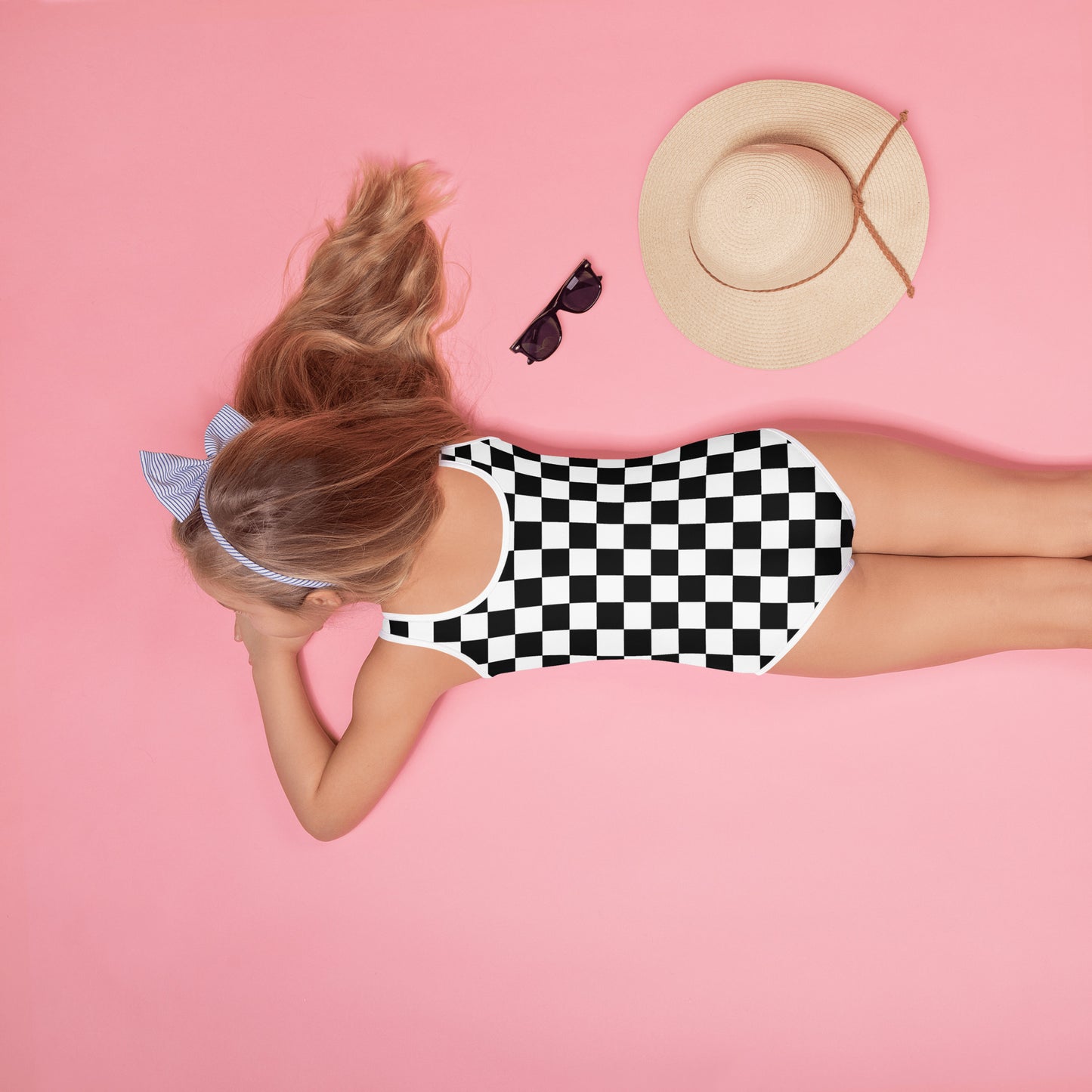 Girls Black and White Checkerboard Buttery Soft Swimsuit With UPF 50+