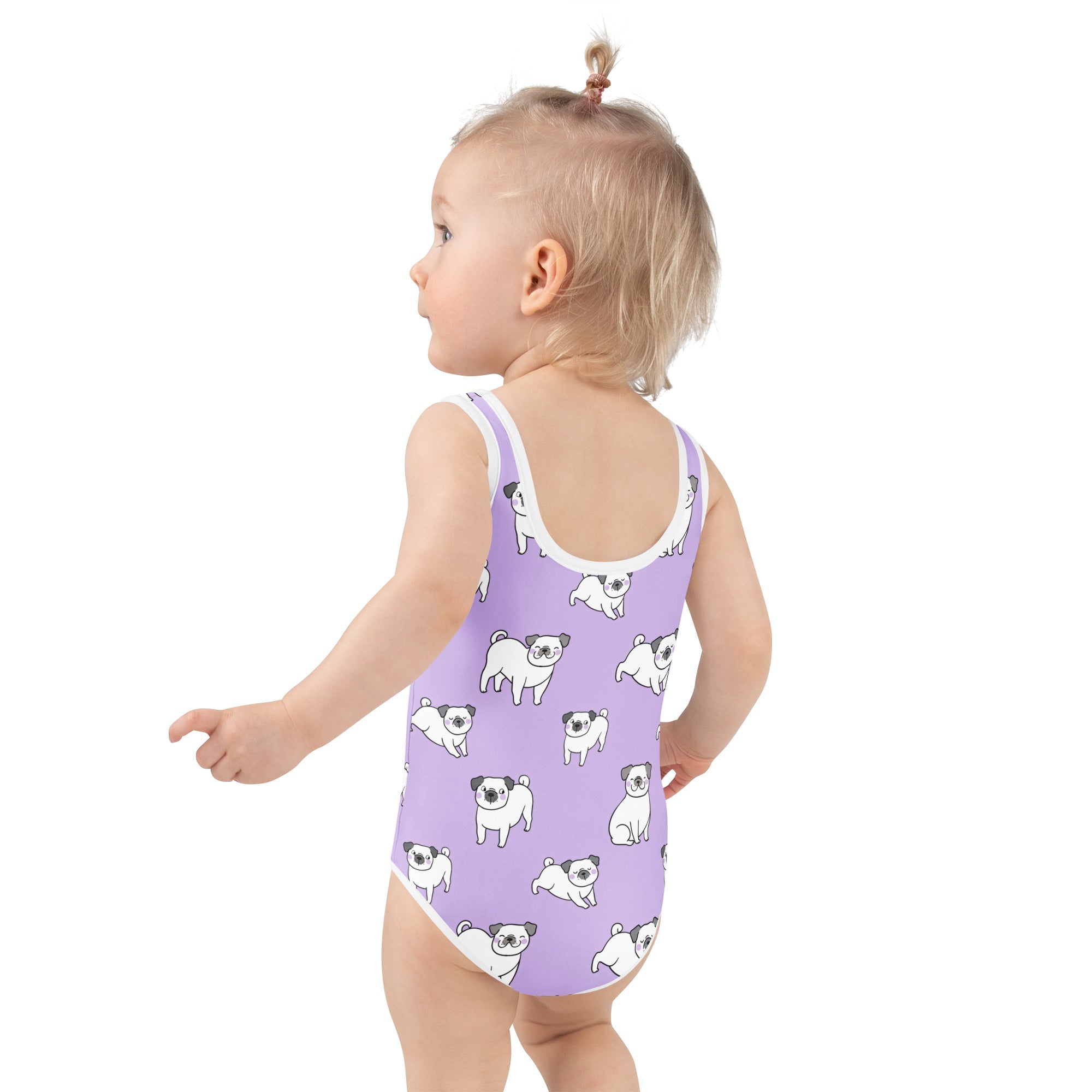 Girls purple pug buttery soft swimsuit with white trim and pug dog prints featuring upf 50 plus protection