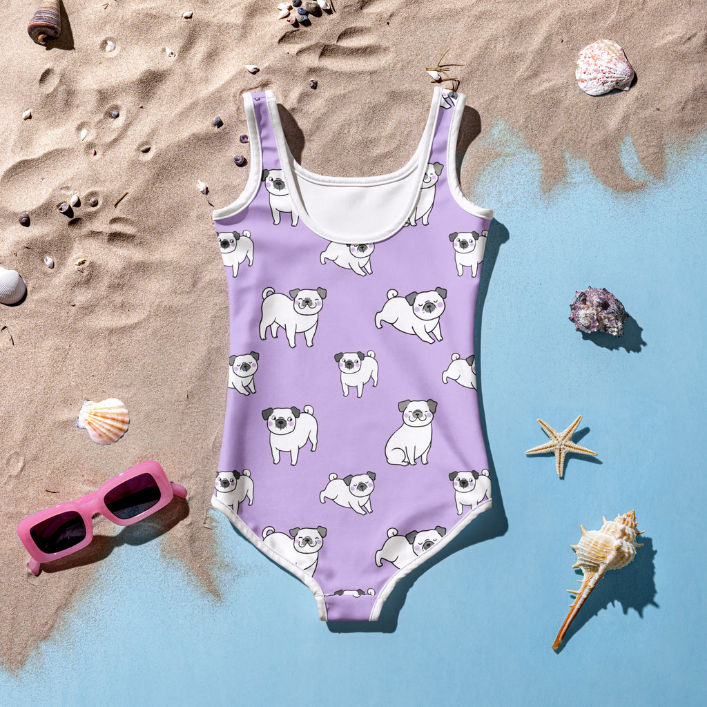 Girls purple pug buttery soft one-piece swimsuit with white trim and UPF 50 plus sun protection