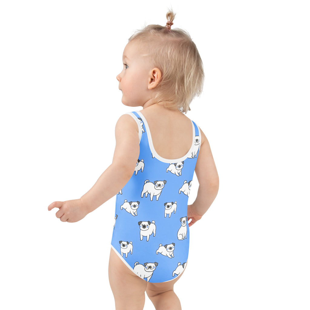 Girls Blue Pug Buttery Soft Swimsuit With UPF 50+