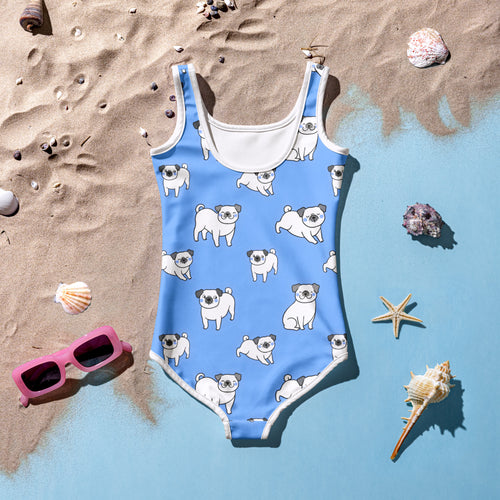 Girls blue pug buttery soft one-piece swimsuit with white trim and UPF 50 plus sun protection