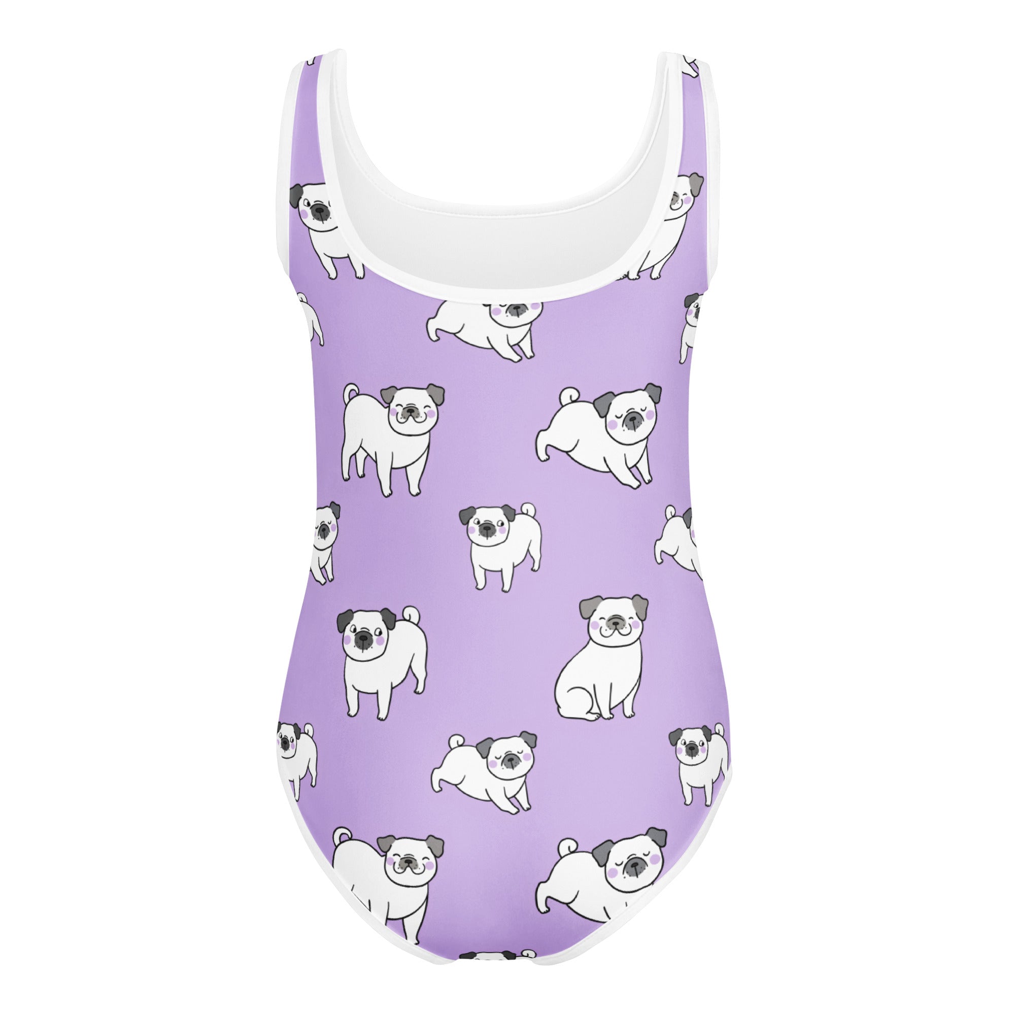 Girls purple pug buttery soft quick drying leotard with white trim and pug illustrations for dance and gymnastics