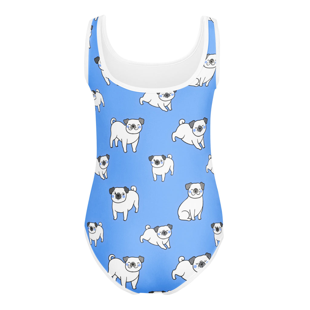 Girls blue pug buttery soft leotard with white trim and playful cartoon pug pattern quick drying for dance and gymnastics
