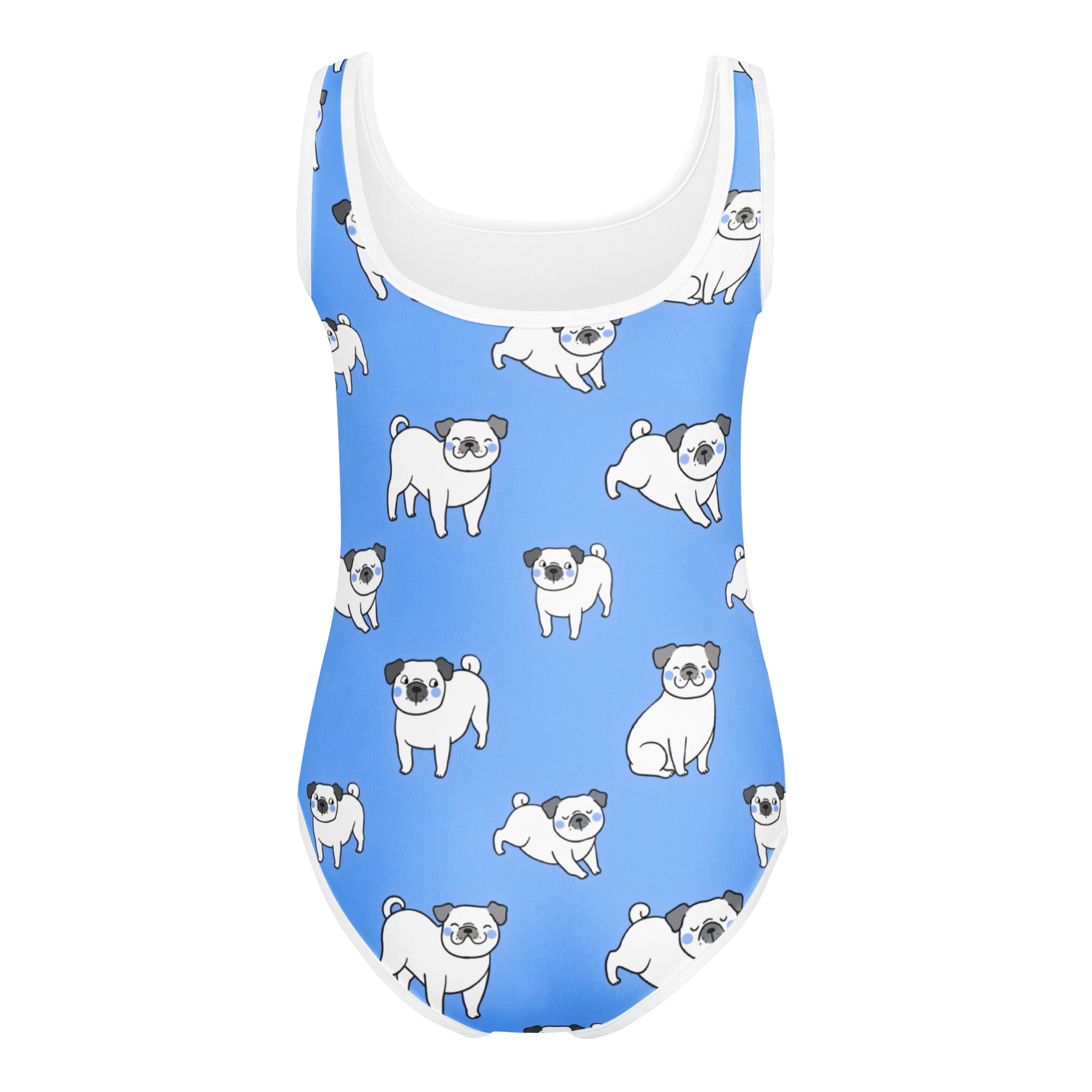 Girls blue pug buttery soft leotard with white trim and playful cartoon pug pattern quick drying for dance and gymnastics
