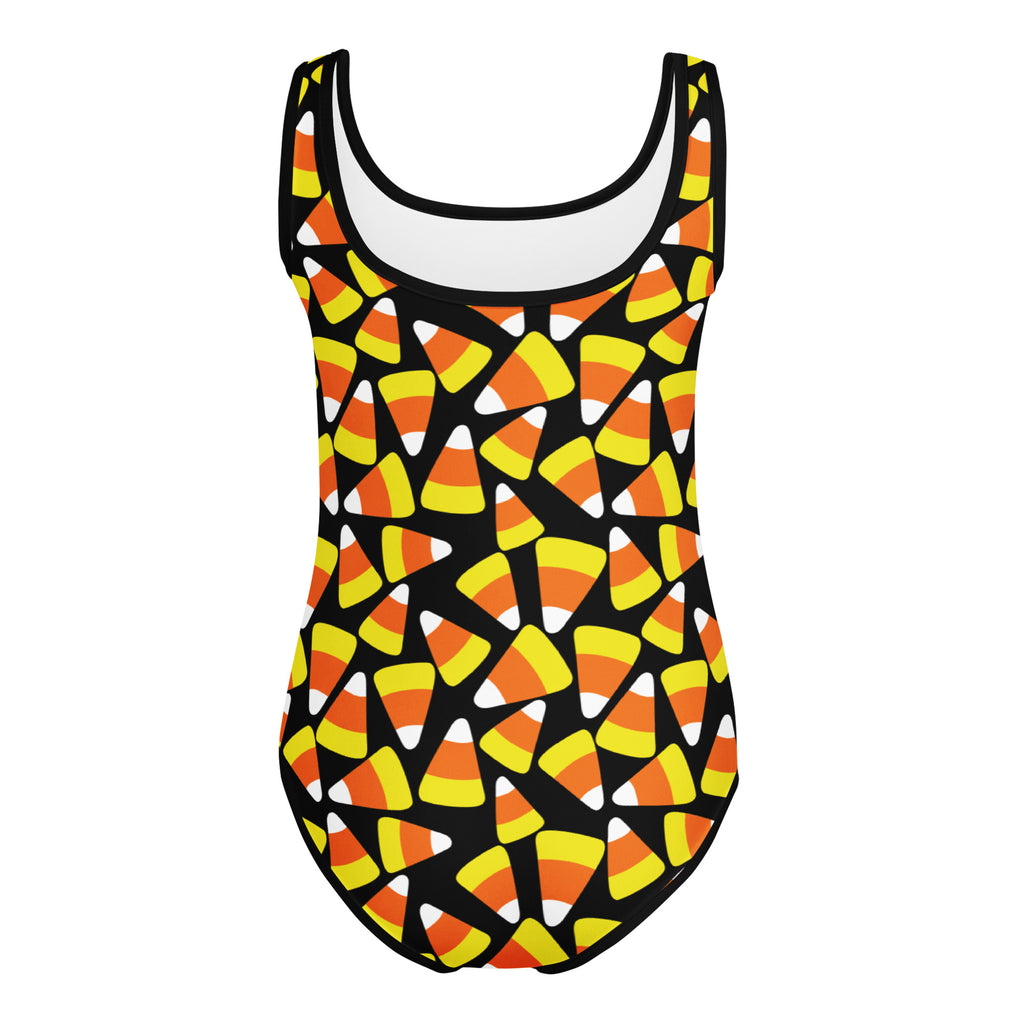 Black one-piece leotard with candy corn pattern buttery soft quick drying for girls dance and gymnastics