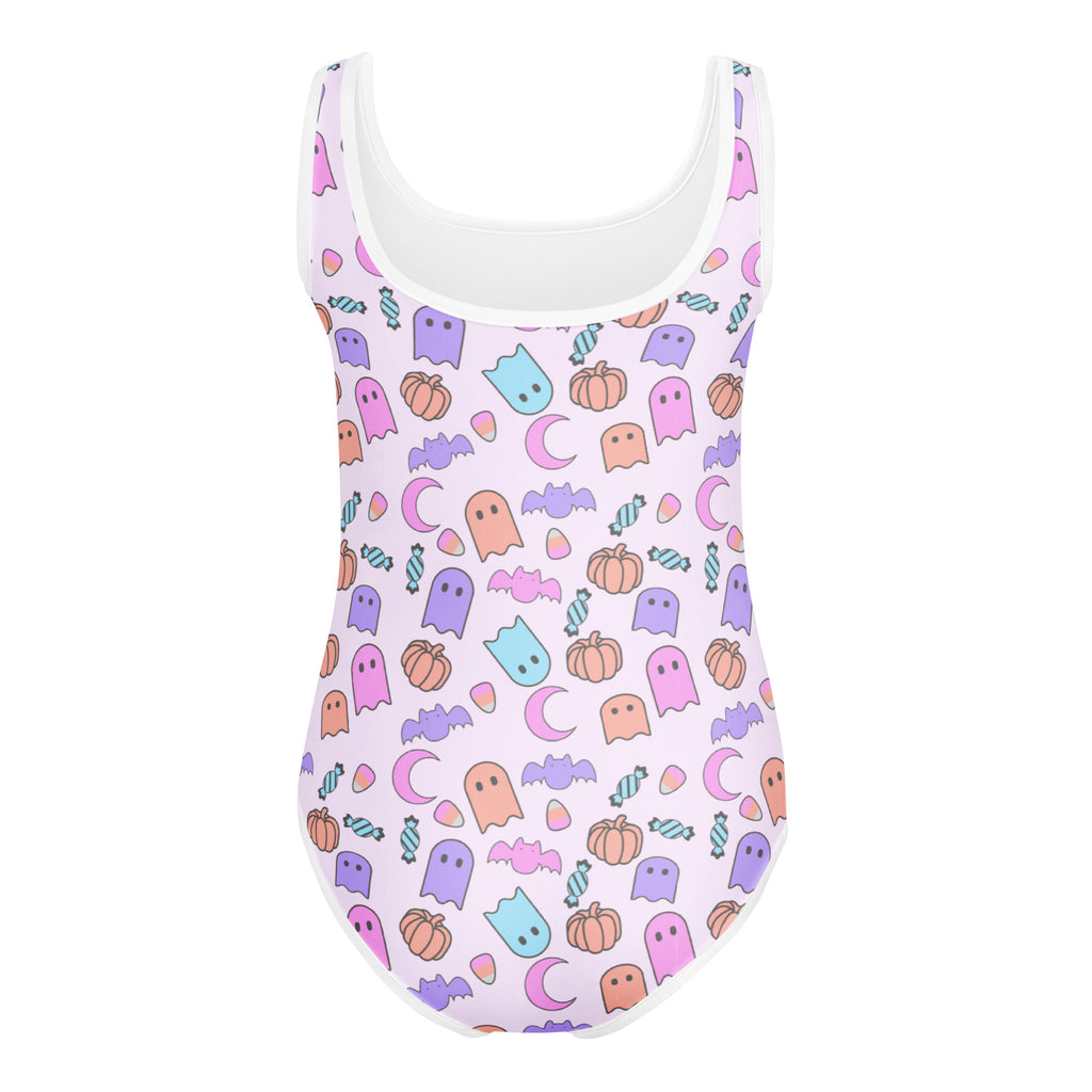 Girls halloween pattern buttery soft one-piece swimsuit with pastel ghosts pumpkins bats candy for dance and gymnastics