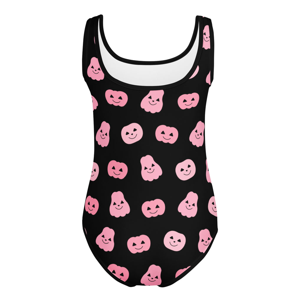 Black one-piece swimsuit with pink smiling pumpkins and ghosts pattern buttery soft quick drying for dance and gymnastics