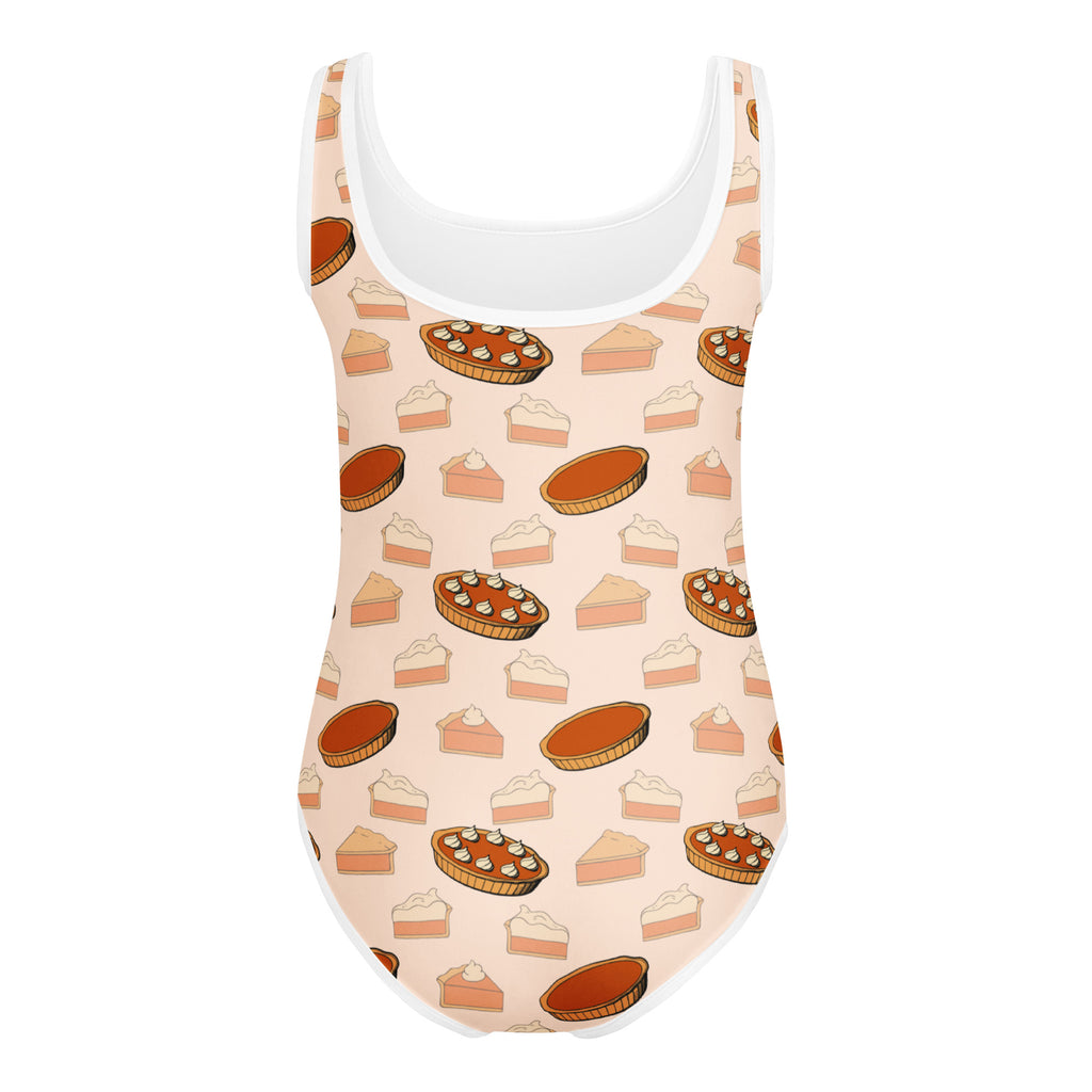 A peach-colored girls one-piece swimsuit with white trim and pumpkin pie pattern quick drying for dance and gymnastics