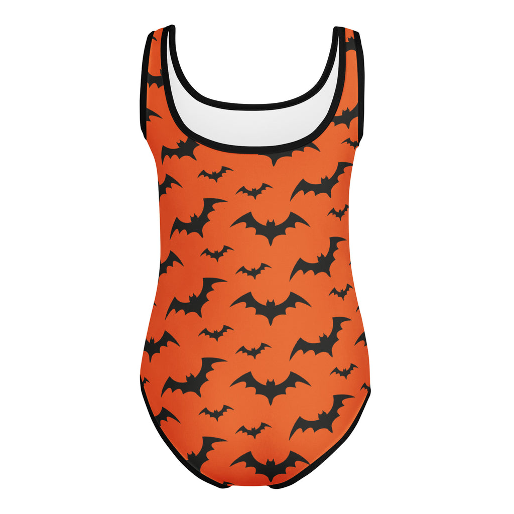 Girls orange one-piece swimsuit with black bat pattern white trim buttery soft quick drying for dance and gymnastics