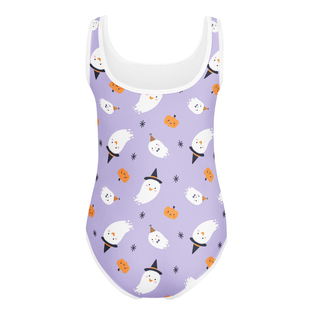 Girls ghost witch halloween buttery soft lavender one-piece swimsuit with cartoon ghosts pumpkins and black stars detail