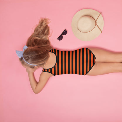 Girls Orange And Black Halloween Striped Buttery Soft Swimsuit With UPF 50+