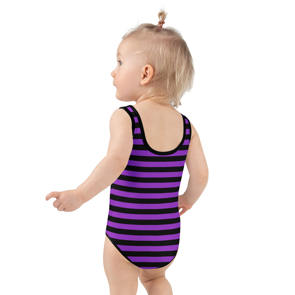 Girls purple and black horizontally striped buttery soft one-piece swimsuit with UPF 50 plus for Halloween