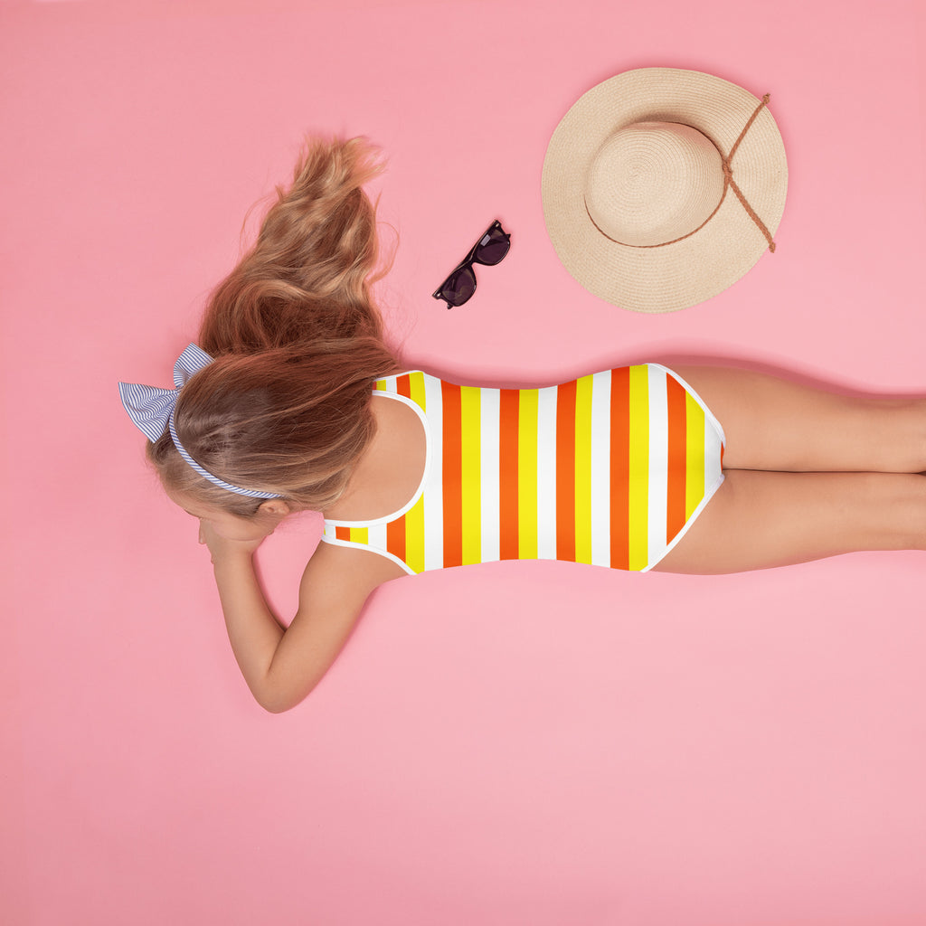 Girls Candy Corn Stripes Buttery Soft Swimsuit With UPF 50+