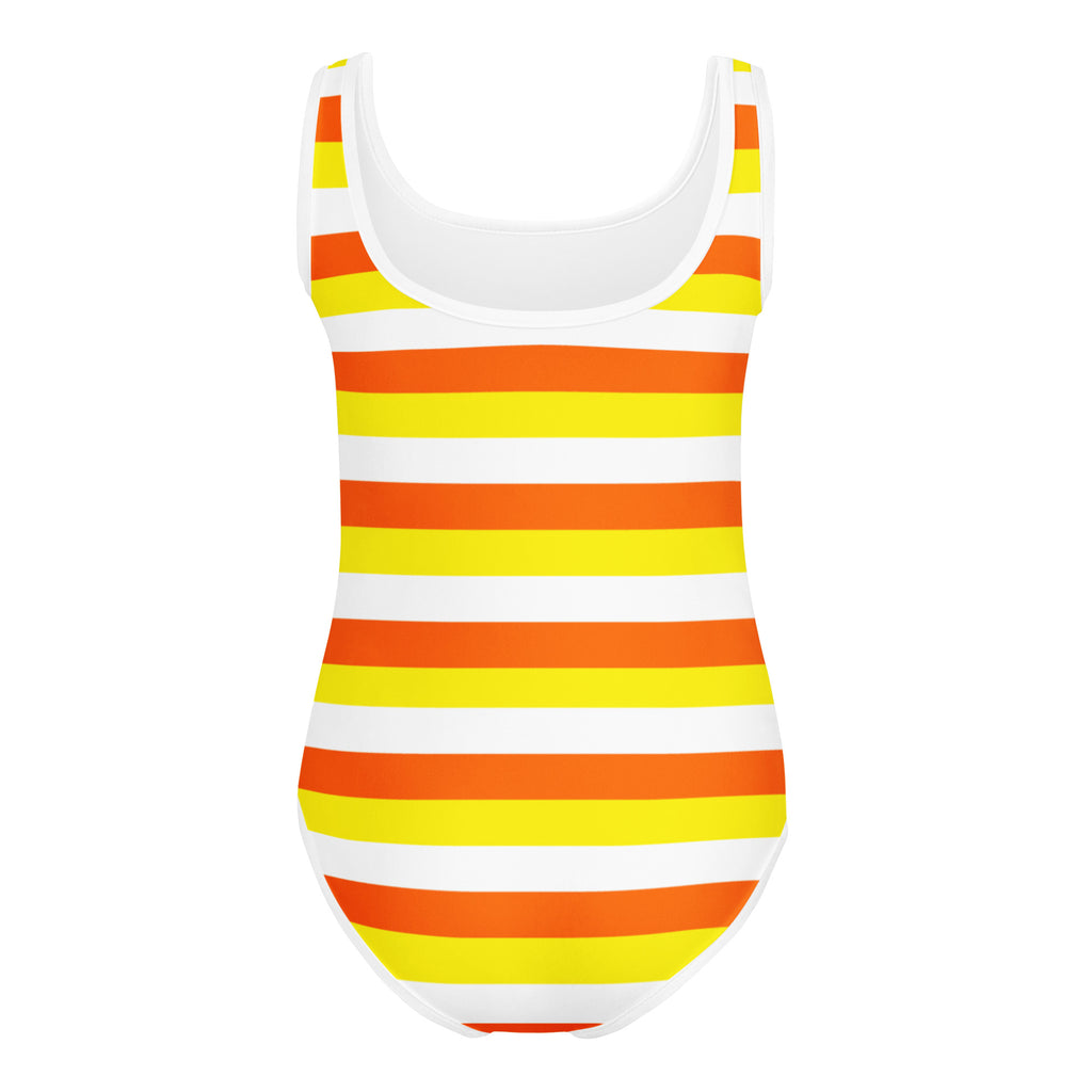 Girls candy corn stripes buttery soft leotard in vibrant orange and yellow with white scoop neckline for dance and gymnastics