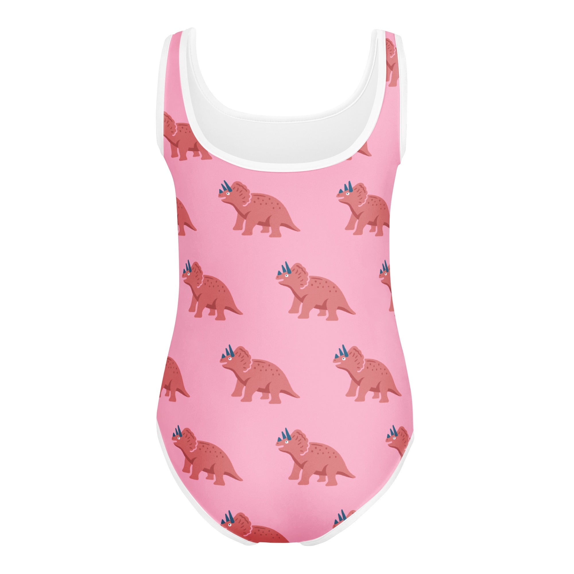 Girls pink triceratops buttery soft leotard with white trim featuring cartoon pattern quick drying for dance and gymnastics