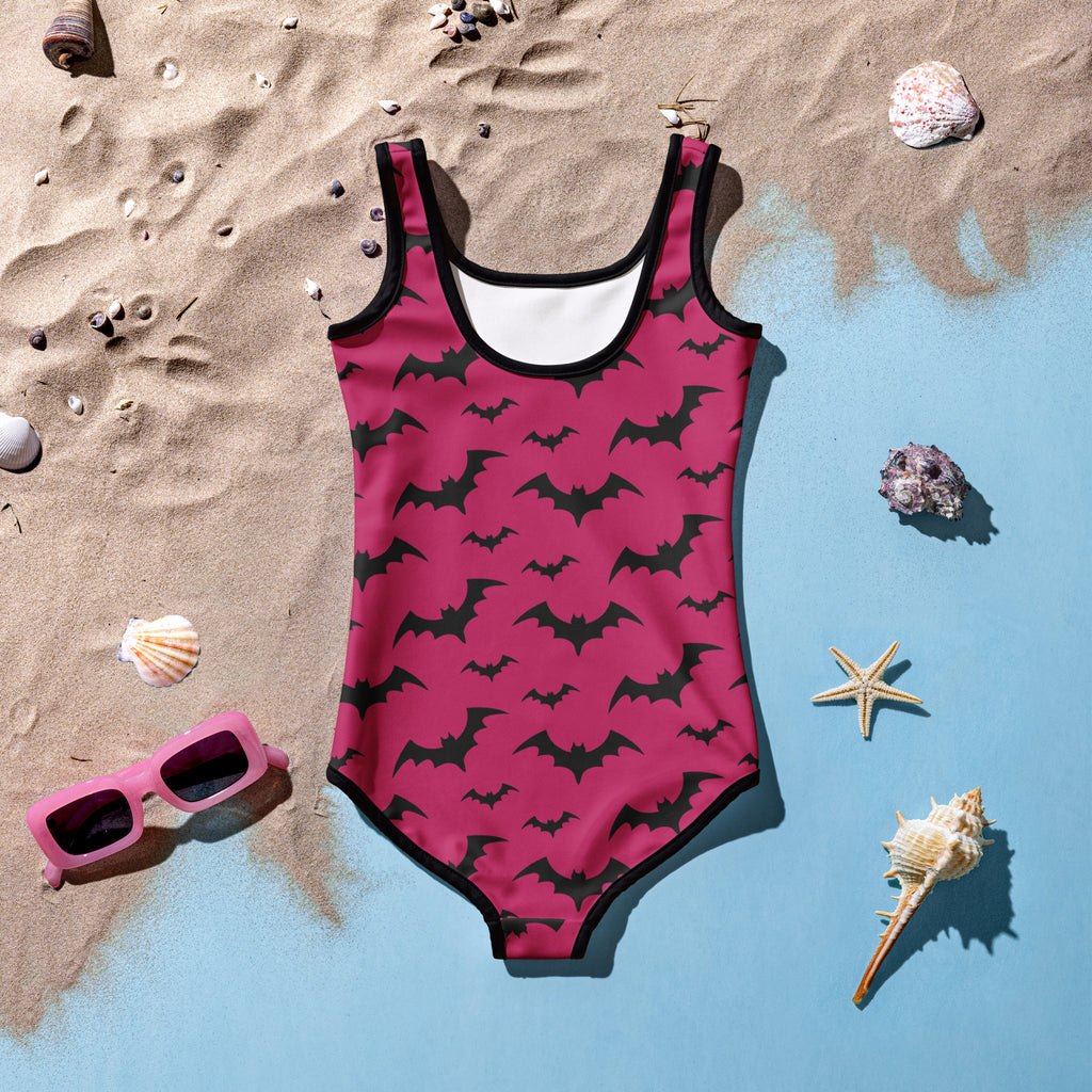 Girls pink bats Halloween buttery soft one-piece swimsuit with black bat pattern and contrasting black trim