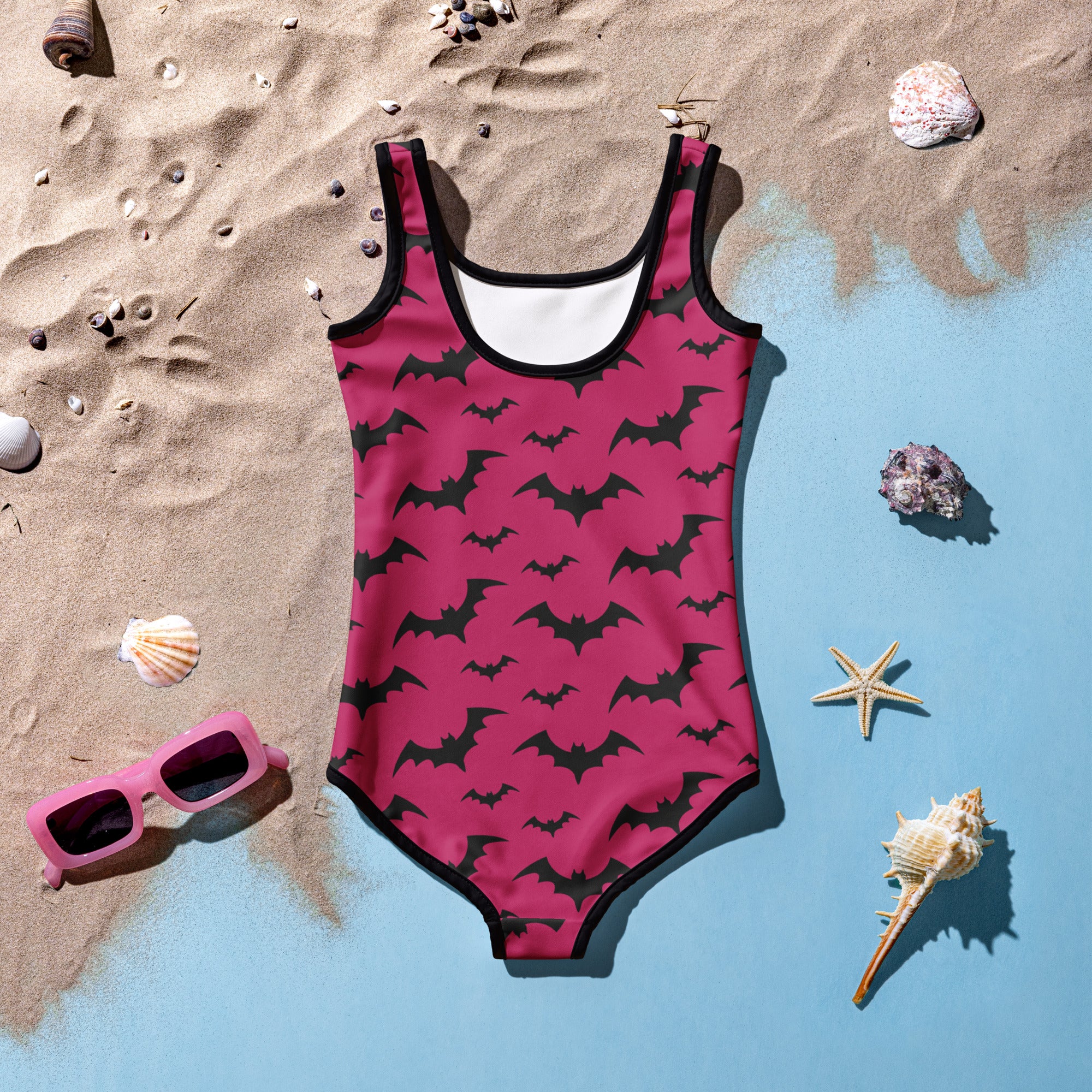 Girls pink bats Halloween buttery soft one-piece swimsuit with black bat pattern and contrasting black trim