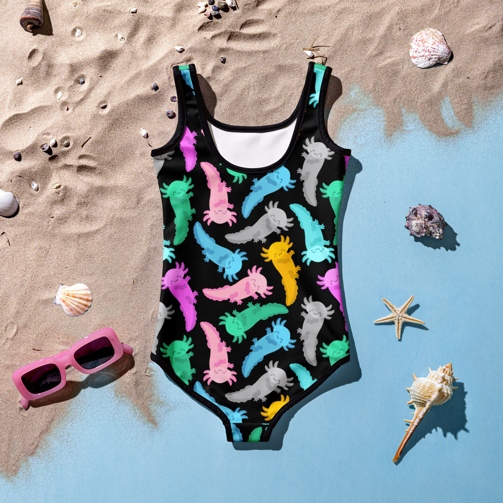 Girls colorful axolotl black one-piece buttery soft swimsuit with UPF 50 plus featuring playful multicolor axolotls