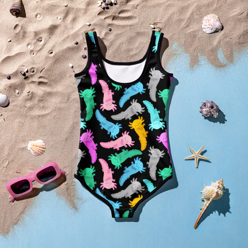 Girls colorful axolotl black one-piece buttery soft swimsuit with UPF 50 plus featuring playful multicolor axolotls
