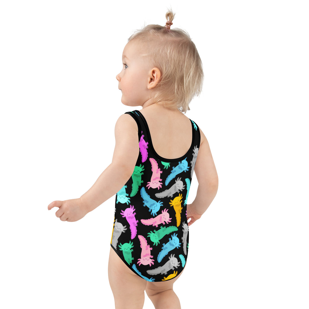 Girls colorful axolotl one-piece swimsuit in black with buttery soft fabric and UPF 50 plus sun protection