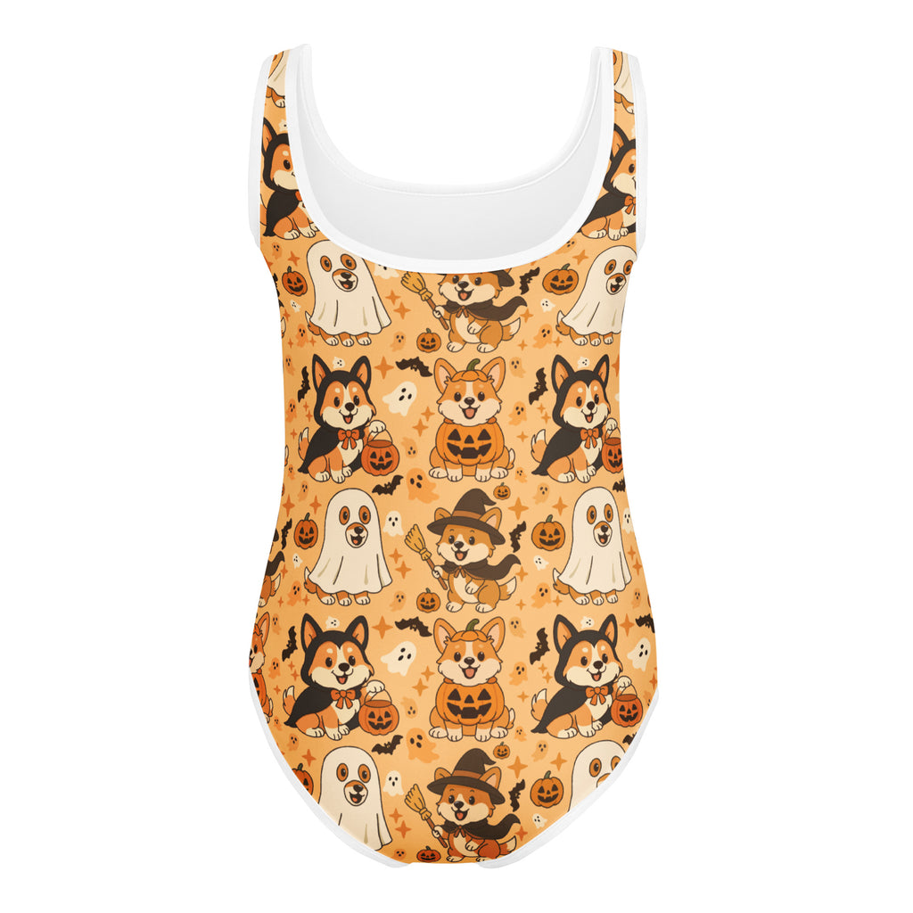 Girls halloween corgi dog buttery soft one-piece swimsuit with quick drying fabric and playful ghost witch pumpkin pattern