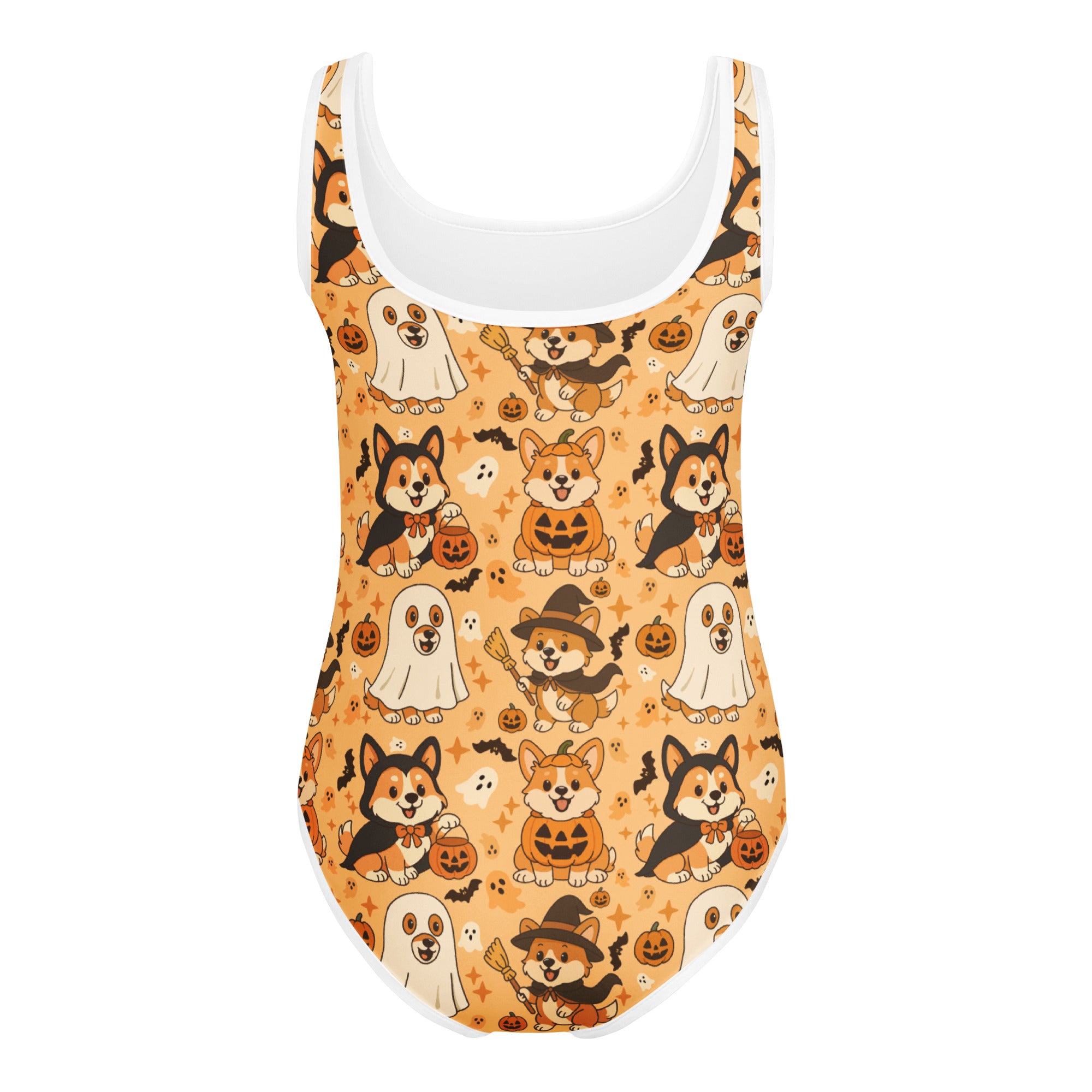 Girls halloween corgi dog buttery soft one-piece swimsuit with quick drying fabric and playful ghost witch pumpkin pattern