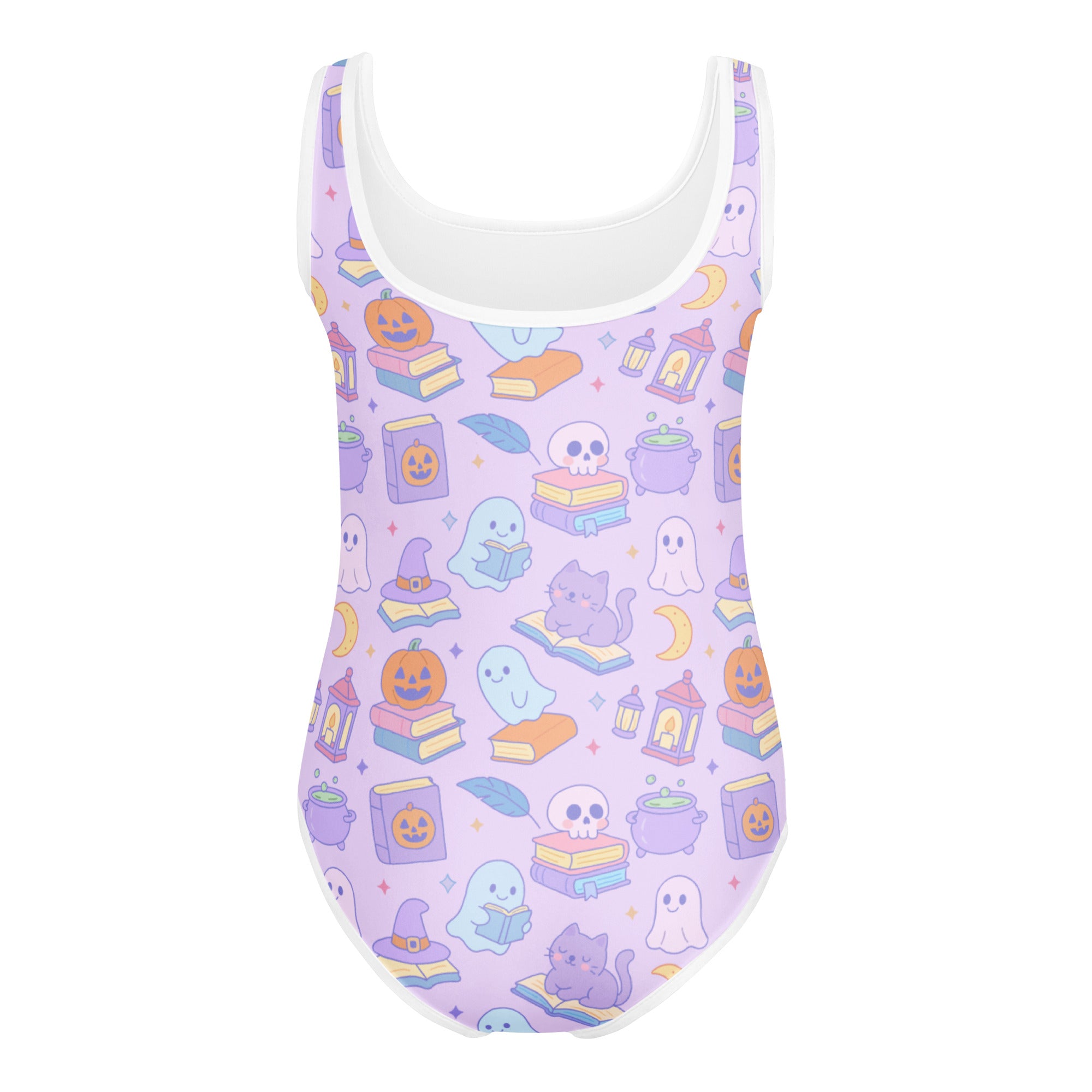 Lavender girls book themed Halloween buttery soft one-piece swimsuit with white trim and playful pastel patterns for dance