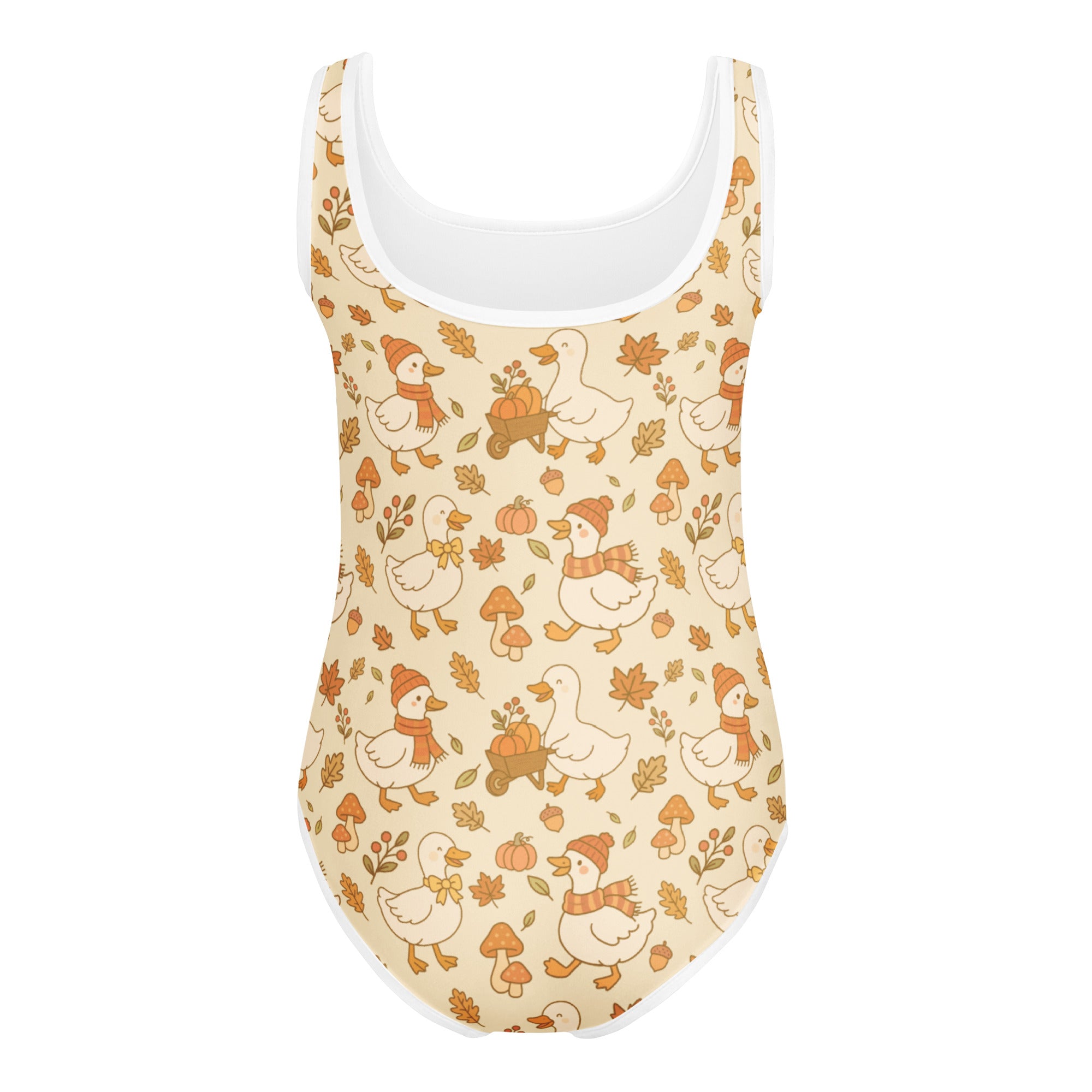 Beige buttery soft girls autumn duck themed one-piece swimsuit with cartoon ducks and quick drying for dance and gymnastics