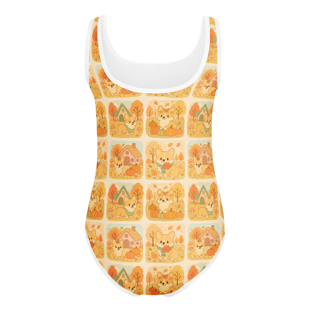 Girls corgi dog pumpkin autumn buttery soft white tank top with playful corgis and cozy houses on orange background