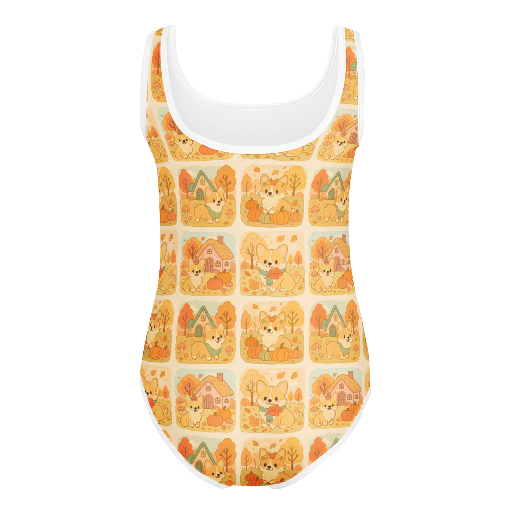 Girls corgi dog pumpkin autumn buttery soft white tank top with playful corgis and cozy houses on orange background
