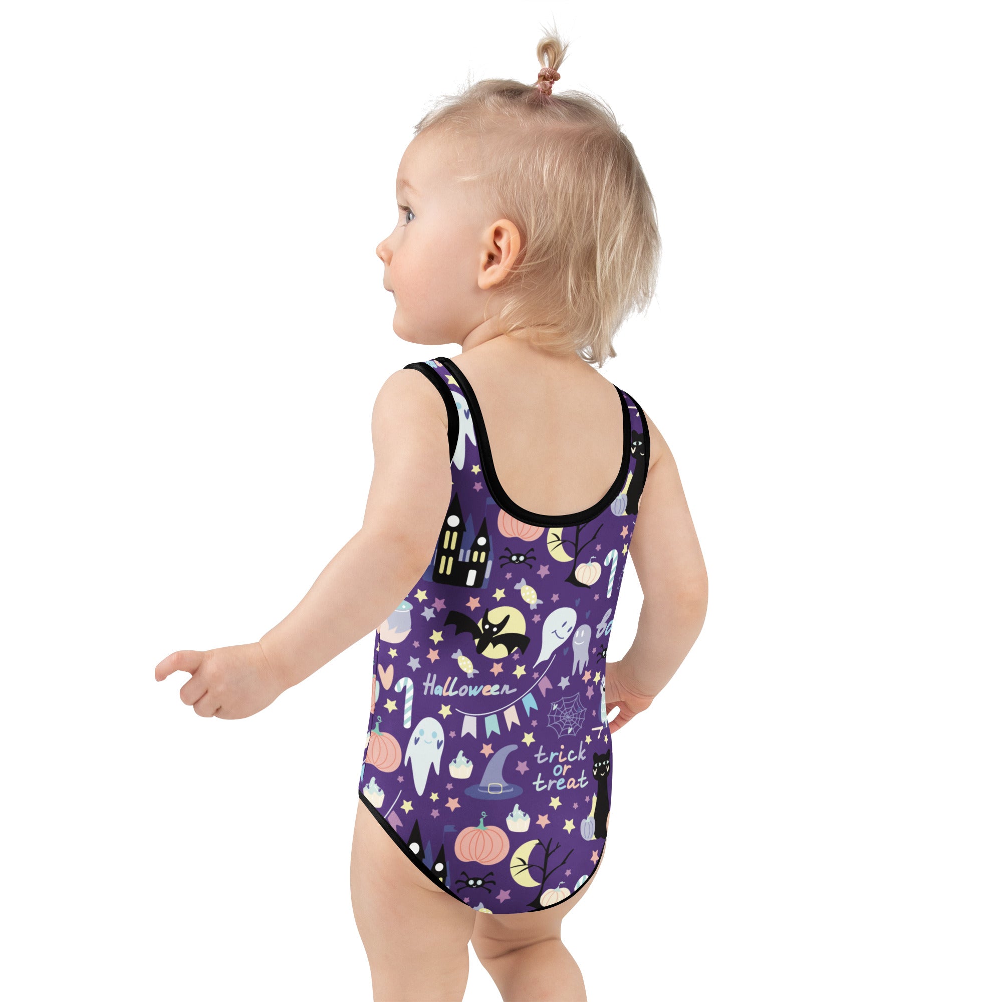 Girls spooky halloween buttery soft purple one-piece swimsuit with black trim and playful ghost bat pumpkin designs