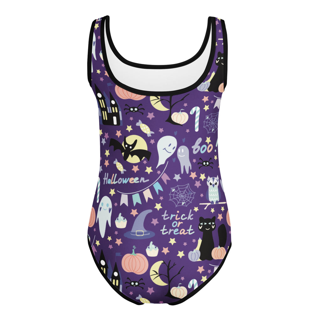 Girls spooky halloween buttery soft purple one-piece swimsuit with black trim and playful ghost and pumpkin pattern