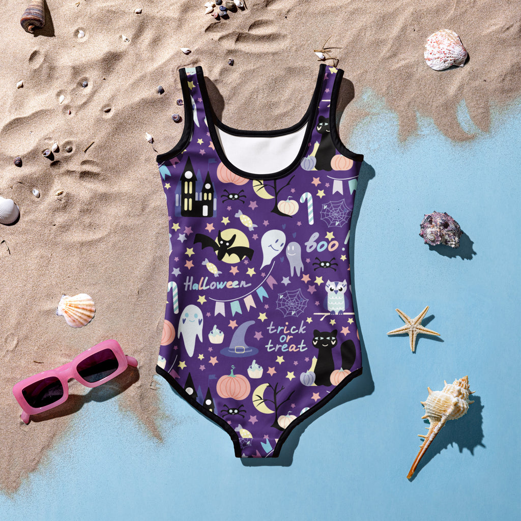 Girls spooky halloween buttery soft purple one-piece swimsuit with black trim, ghosts, bats, pumpkins, and halloween text