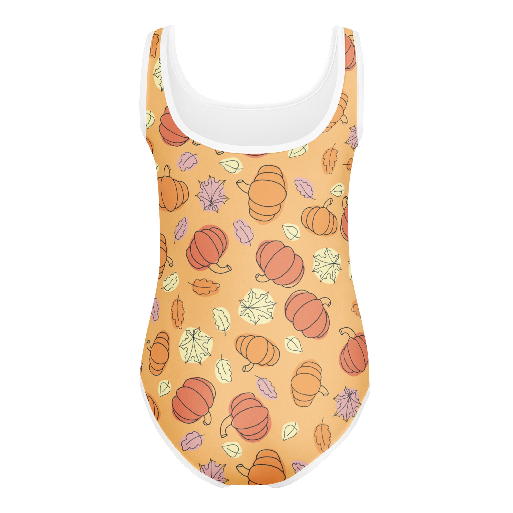 A vibrant orange girls pumpkin patch buttery soft leotard with pumpkins and leaves for dance and gymnastics