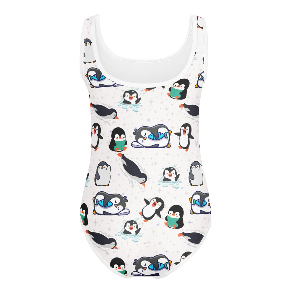 White girls winter penguin buttery soft quick-drying leotard with playful cartoon penguin pattern for dance and gymnastics