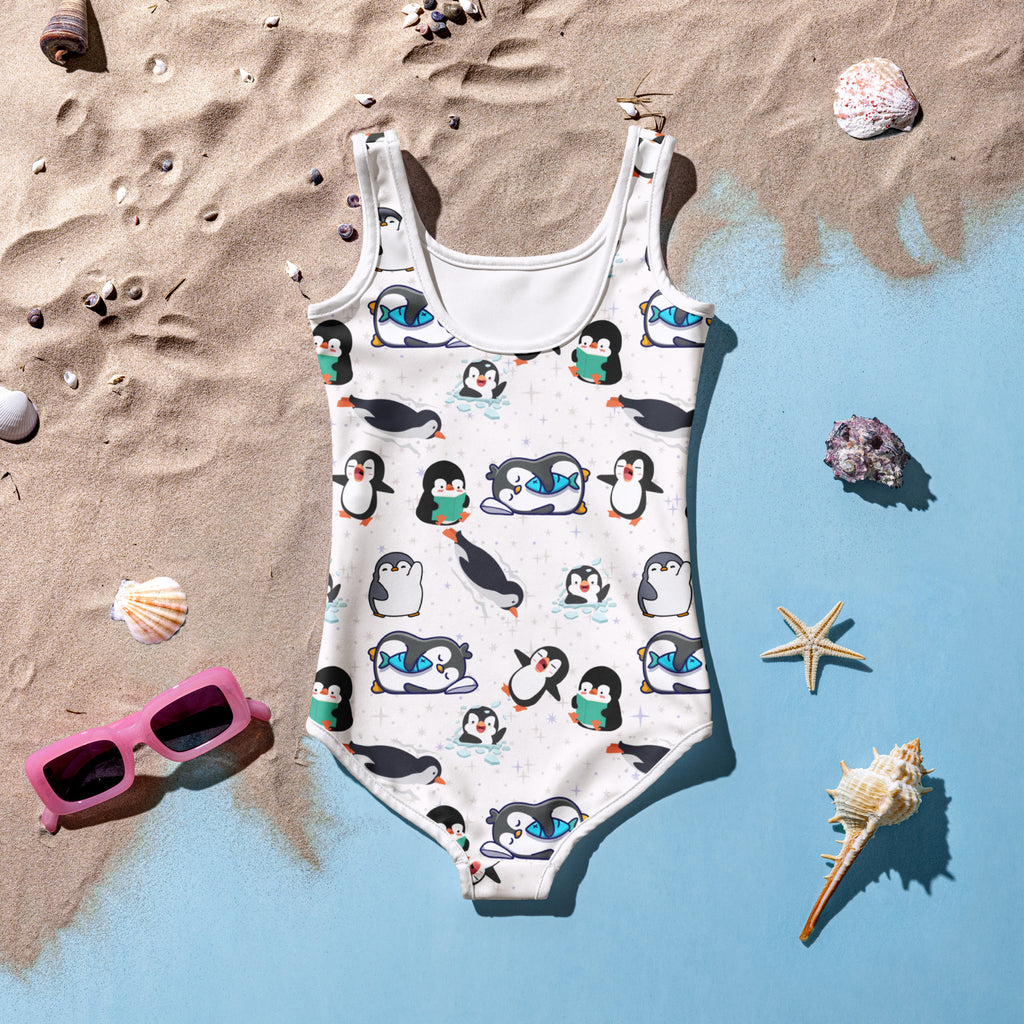 White girls one-piece swimsuit with cute cartoon penguins wearing scarves and sunglasses buttery soft fabric upf 50+