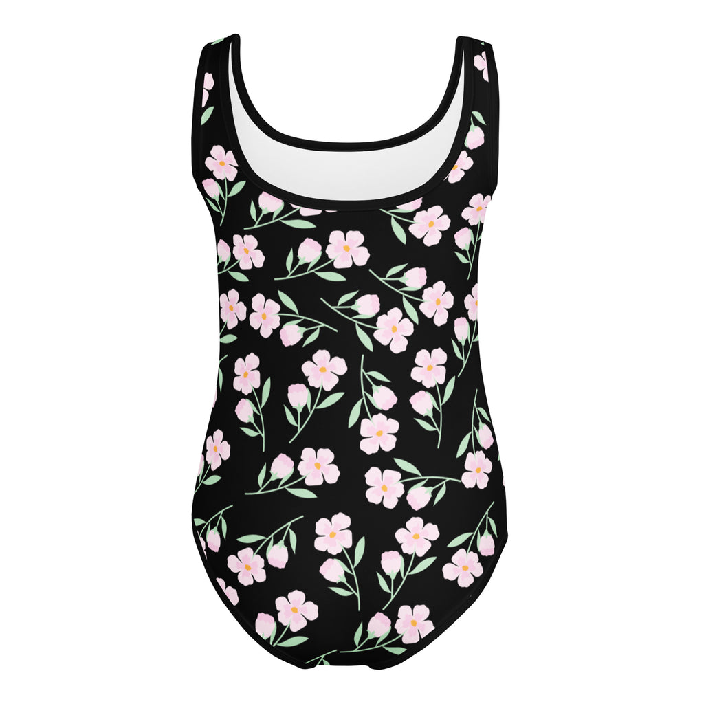 Girls black floral buttery soft leotard with pink flowers green leaves quick drying for dance and gymnastics