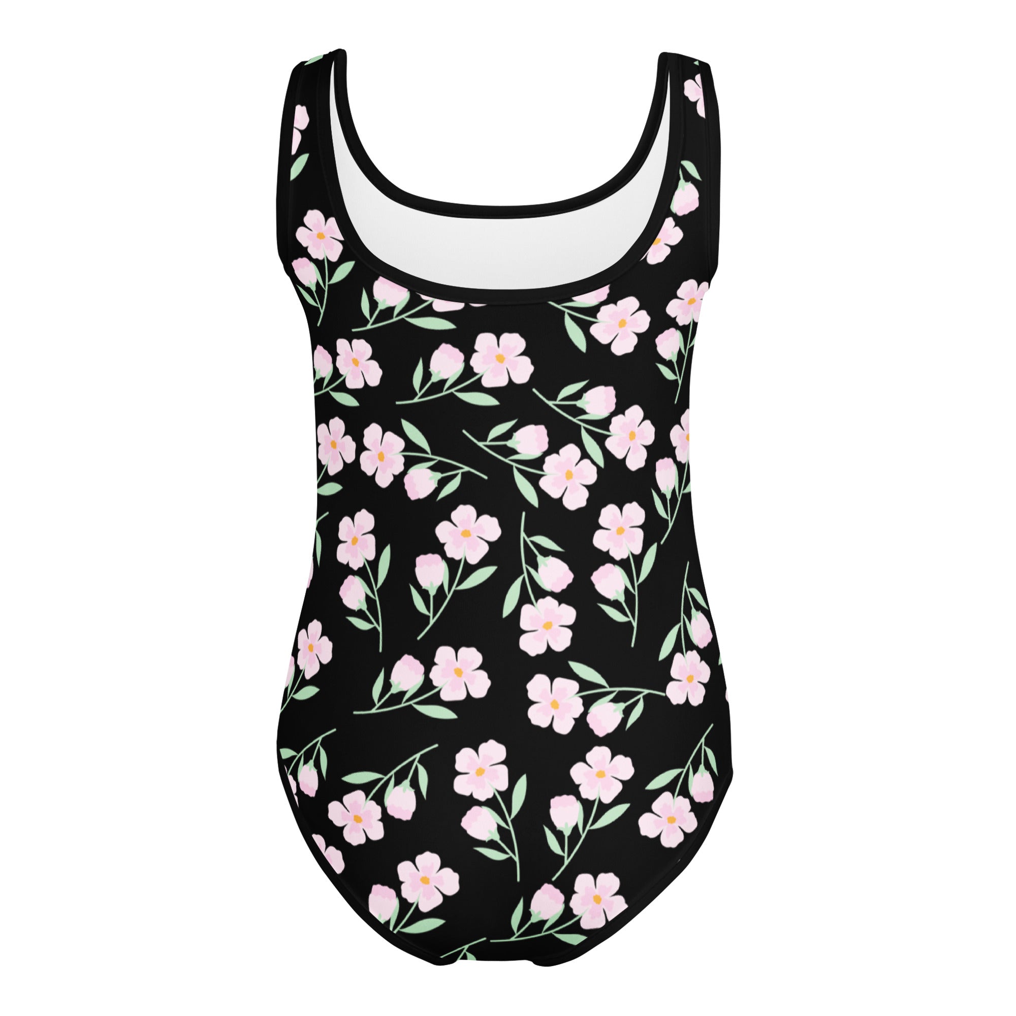 Girls black floral buttery soft leotard with pink flowers green leaves quick drying for dance and gymnastics