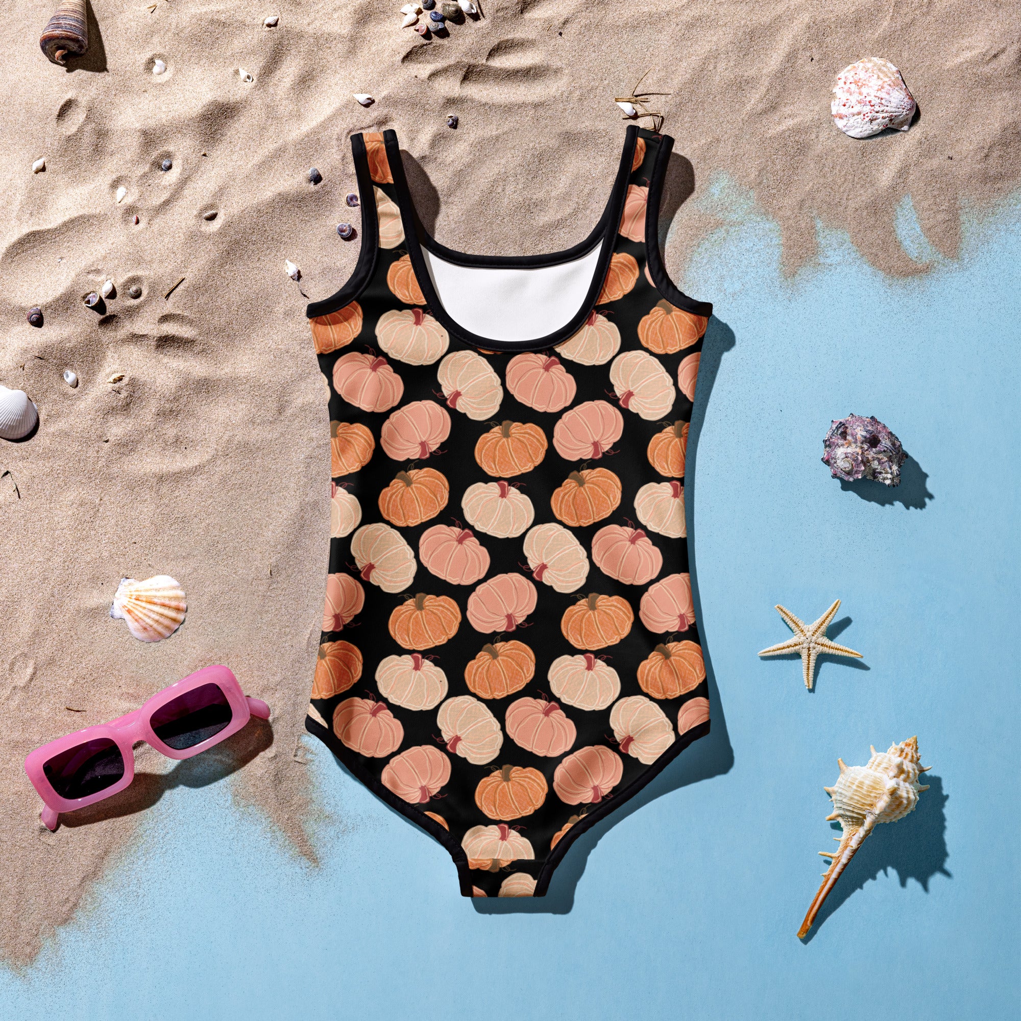Black girls one-piece swimsuit with buttery soft fabric pumpkin pattern and upf 50 plus sun protection