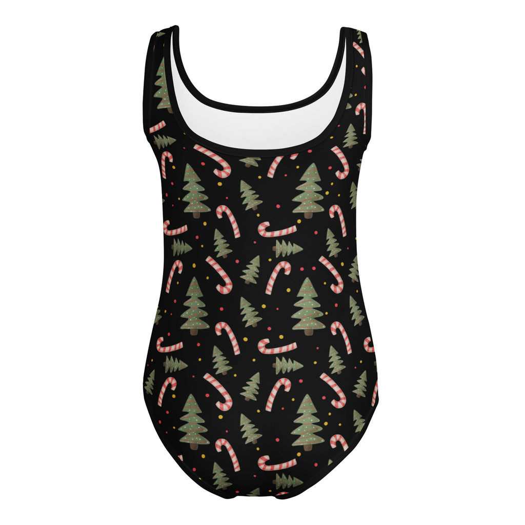Black girls Christmas trees and candy canes buttery soft quick drying leotard with festive pine tree and candy cane pattern