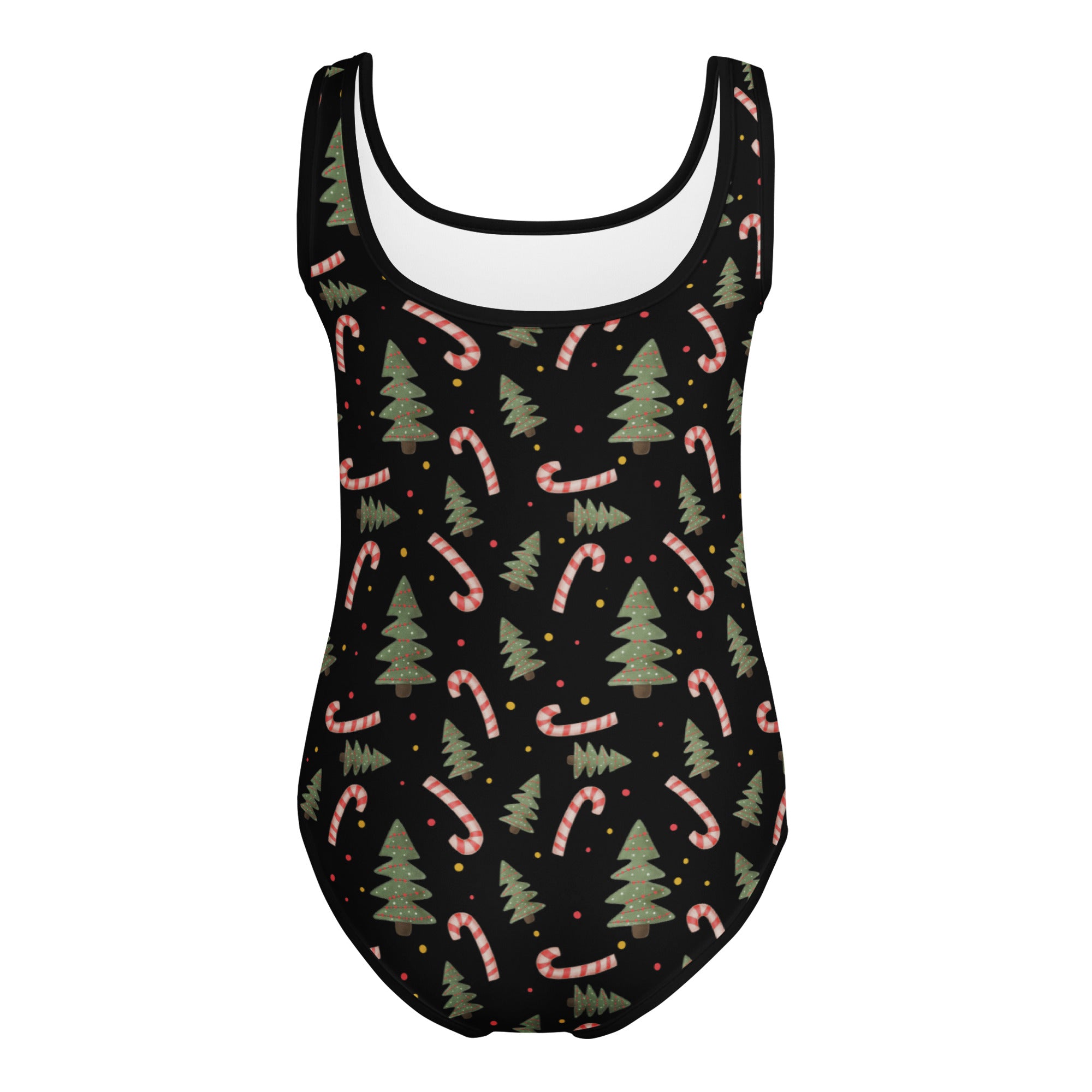 Black girls Christmas trees and candy canes buttery soft quick drying leotard with festive pine tree and candy cane pattern