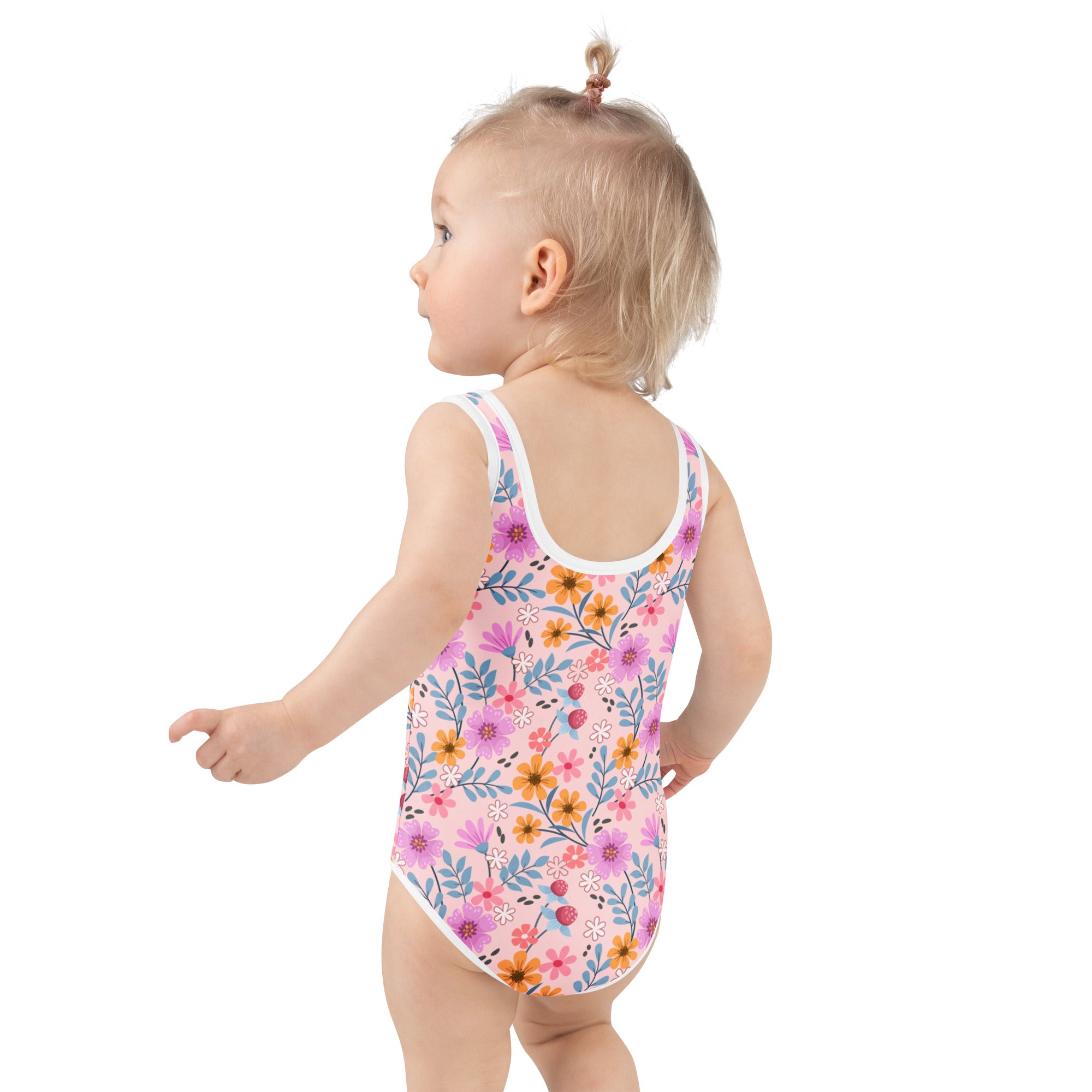 Girls pink floral buttery soft one-piece swimsuit with white trim purple orange blue flowers and UPF 50 plus protection